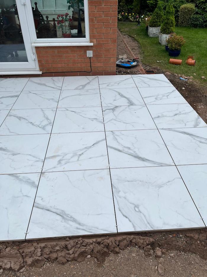White marble effect porcelain patio